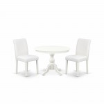 3 Pc Dining Set, Linen White Table, 2 White Faux Leather Chairs, High Back