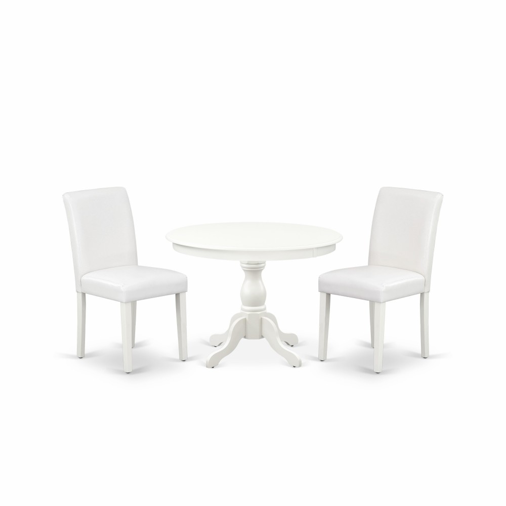 3 Pc Dining Set, Linen White Table, 2 White Faux Leather Chairs, High Back