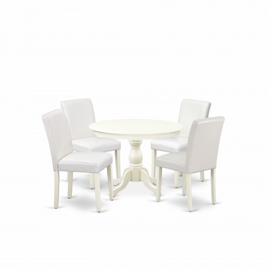 5 Pc Dining Set, Linen White Small Table, 4 White Faux Leather Chairs, High Back, Linen White Finish