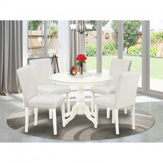 5 Pc Dining Set, Linen White Small Table, 4 White Faux Leather Chairs, High Back, Linen White Finish