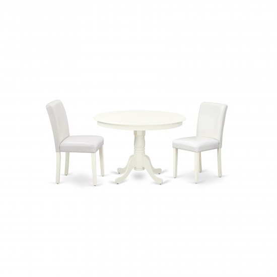 3Pc Round 42" Kitchen Table, 2 Parson Chair, White Leg, Pu Leather Color White