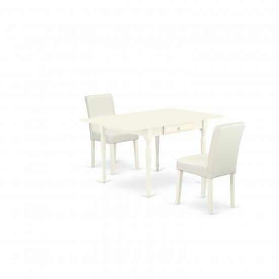 3Pc Dining Set For 2, Table, 2 Chairs, White Color Pu Leather, Drop Leaf Table, Linen White