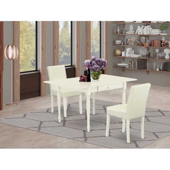 3Pc Dining Set For 2, Table, 2 Chairs, White Color Pu Leather, Drop Leaf Table, Linen White