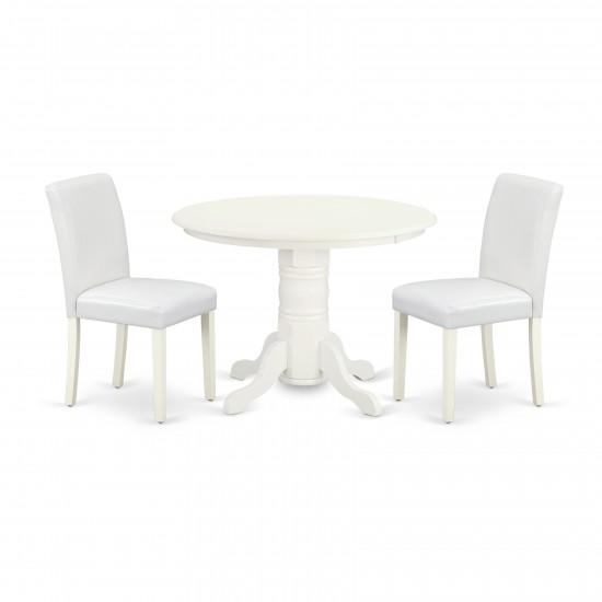 3Pc Round 42" Dining Table, Pair Of Parson Chair, Linen White Leg, Pu Leather Color White