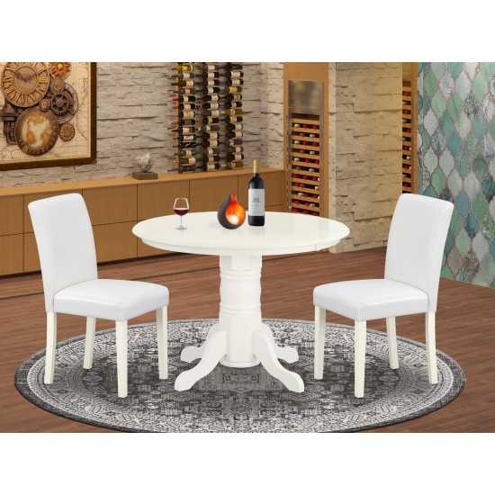 3Pc Round 42" Dining Table, Pair Of Parson Chair, Linen White Leg, Pu Leather Color White