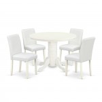 5Pc Rounded 42" Dining Table, Four Parson Chair, White Leg, Pu Leather Color White