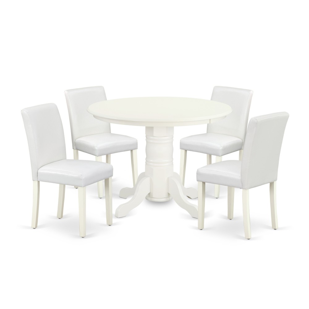 5Pc Rounded 42" Dining Table, Four Parson Chair, White Leg, Pu Leather Color White