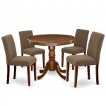 5Pc Round 36" Table And 4 Parson Chair, Mahogany Leg And Linen Fabric Coffee