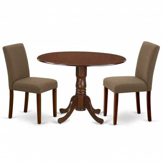 3Pc Round 42" Dining Table, Two 9-Inch Drop Leaves, 2 Parson Chair, Mahogany Leg, Coffee