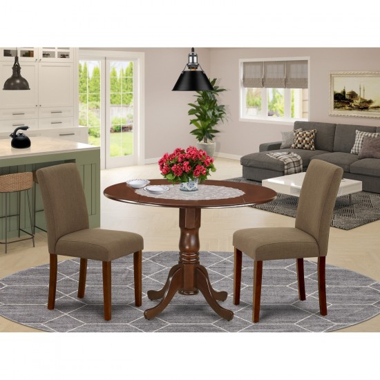 3Pc Round 42" Dining Table, Two 9-Inch Drop Leaves, 2 Parson Chair, Mahogany Leg, Coffee