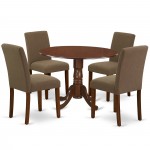 5Pc Round 42" Kitchen Table, Two 9-Inch Drop Leaves, Four Parson Chair, Mahogany Leg, Coffee