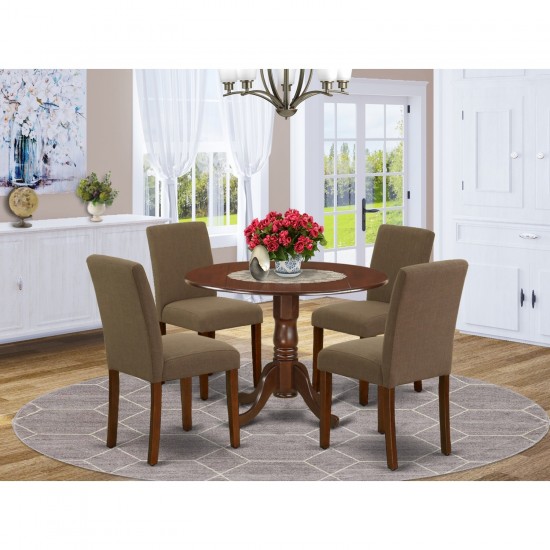 5Pc Round 42" Kitchen Table, Two 9-Inch Drop Leaves, Four Parson Chair, Mahogany Leg, Coffee