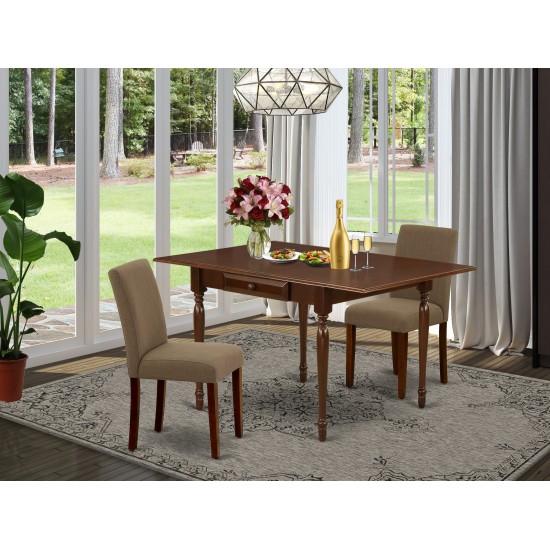 3Pc Dining Set, Table, 2 Parson Chairs, Coffee Color, Drop Leaf Table, Mahogany