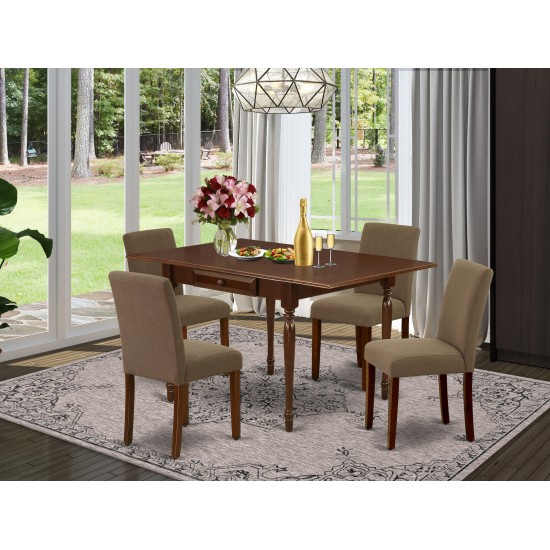 5Pc Dining Set, Wood Table, 4 Parson Chairs, Coffee Color, Drop Leaf Table, Mahogany