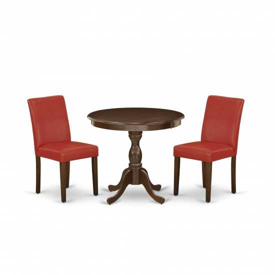 3 Pc Dining Set, 1 Kitchen Table, 2 Firebrick Red Chairs, Mahogany Finish