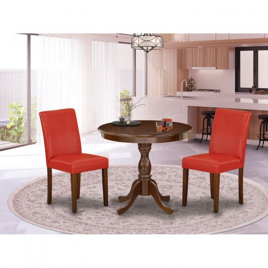 3 Pc Dining Set, 1 Kitchen Table, 2 Firebrick Red Chairs, Mahogany Finish