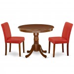 3Pc Rounded 36" Dinette Table, Two Parson Chair, Mahogany Leg, Pu Leather Color Firebrick Red