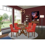 5Pc Round 36" Table, 4 Parson Chair, Mahogany Leg, Pu Leather Color Firebrick Red