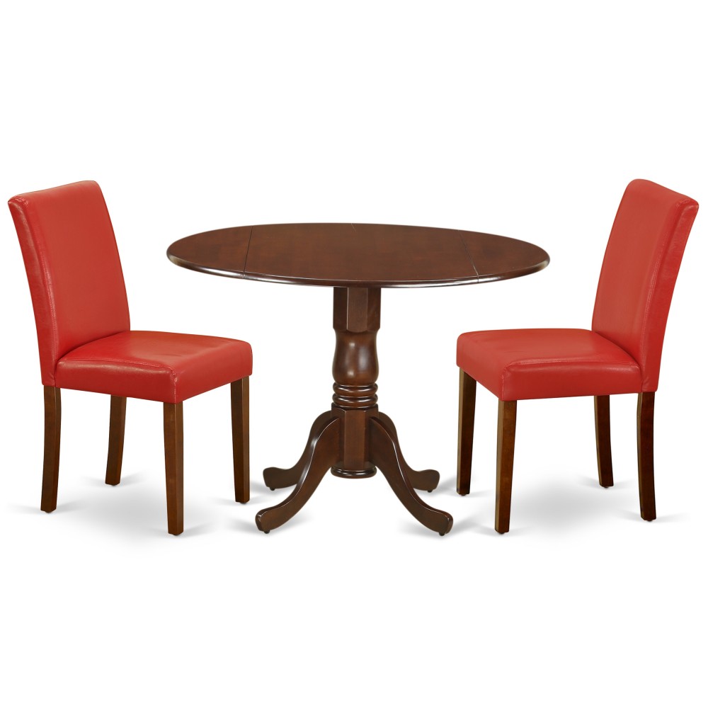 3Pc Round 42" Dining Table, Two 9-Inch Drop Leaves, 2 Parson Chair, Mahogany Leg, Pu Leather Color Firebrick Red