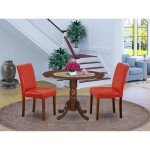 3Pc Round 42" Dining Table, Two 9-Inch Drop Leaves, 2 Parson Chair, Mahogany Leg, Pu Leather Color Firebrick Red