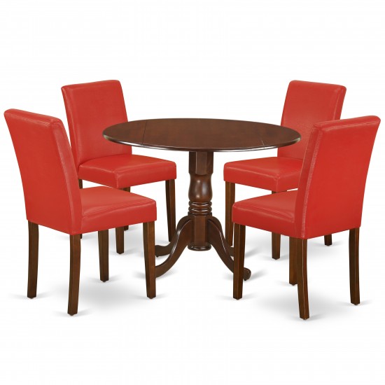 5Pc Round 42" Kitchen Table, Two 9-Inch Drop Leaves, Four Parson Chair, Mahogany Leg, Pu Leather Color Firebrick Red