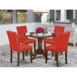 5Pc Round 42" Kitchen Table, Two 9-Inch Drop Leaves, Four Parson Chair, Mahogany Leg, Pu Leather Color Firebrick Red