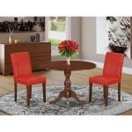 3 Pc Kitchen Set, 1 Drop Leaves Dining Table, 2 Firebrick Red Pu Leather Upholstered Chair, High Back, Mahogany Finish