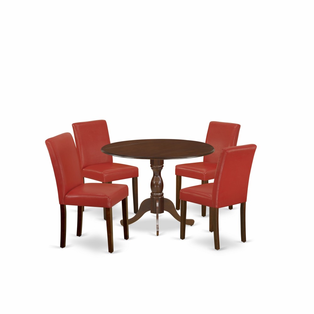 5 Pc Dining Set, 1 Drop Leaves Table, 4 Firebrick Red Pu Leather Upholstered Chairs, High Back, Mahogany Finish