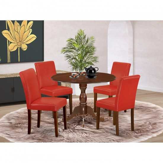 5 Pc Dining Set, 1 Drop Leaves Table, 4 Firebrick Red Pu Leather Upholstered Chairs, High Back, Mahogany Finish