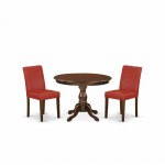 3 Pc Table, Chairs Dining Set, Mahogany Dinner Table, 2 Firebrick Red Pu Leather Chairs, High Back, Mahogany