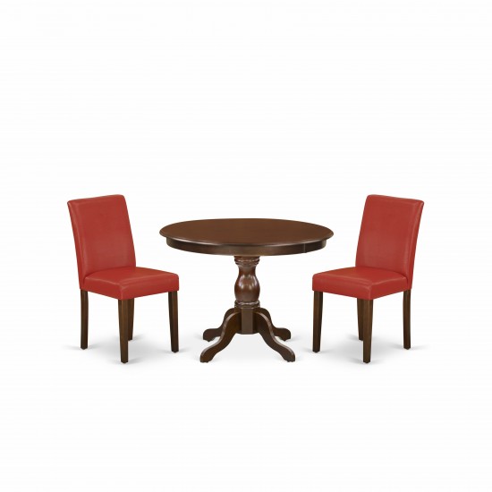 3 Pc Table, Chairs Dining Set, Mahogany Dinner Table, 2 Firebrick Red Pu Leather Chairs, High Back, Mahogany