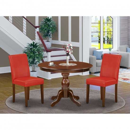 3 Pc Table, Chairs Dining Set, Mahogany Dinner Table, 2 Firebrick Red Pu Leather Chairs, High Back, Mahogany