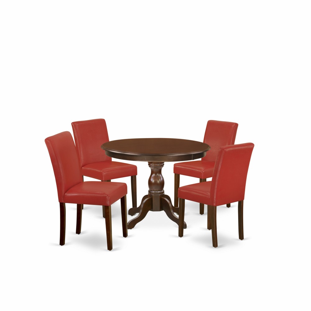 5 Pc Dining Set, Mahogany Small Table, 4 Firebrick Red Pu Leather Chairs, High Back, Mahogany Finish