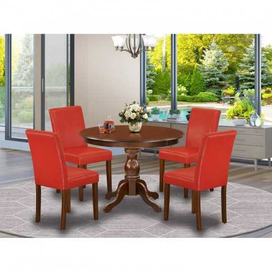 5 Pc Dining Set, Mahogany Small Table, 4 Firebrick Red Pu Leather Chairs, High Back, Mahogany Finish