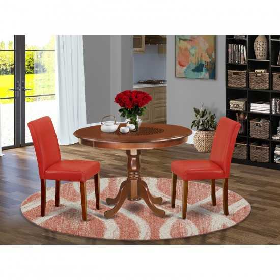 3Pc Round 42" Kitchen Table, 2 Parson Chair, Mahogany Leg, Pu Leather Color Firebrick Red