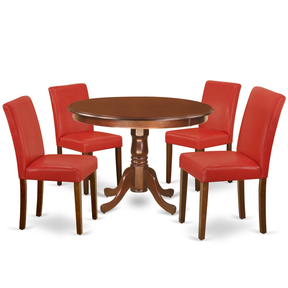 5Pc Round 42" Dinette Table, Four Parson Chair, Mahogany Leg, Pu Leather Color Firebrick Red