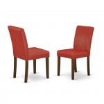 5Pc Round 42" Dinette Table, Four Parson Chair, Mahogany Leg, Pu Leather Color Firebrick Red