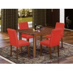 5Pc 42/54" Dining Table, 12 In Self Storing Butterfly Leaf, Four Parson Chair, Mahogany Leg, Pu Leather Color Firebrick Red