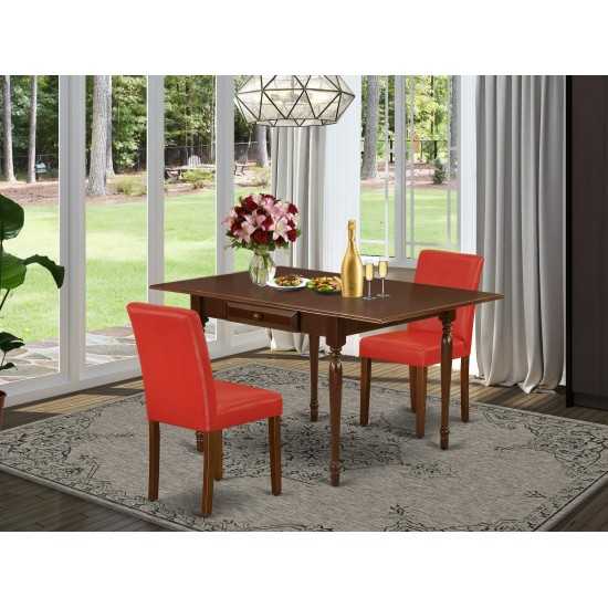 3Pc Dinette Sets For Small Spaces, Wood Dining Table, 2 Dining Chairs, Firebrick Red Color Pu Leather, Drop Leaf Table, Mahog