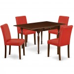 5Pc Dining Set For 4, Table, 4 Chairs, Firebrick Red Color Pu Leather, Drop Leaf Table, Mahogany