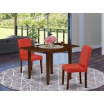 Dining Set 3 Pc, 2 Chairs, Table, Mahogany Finish Solid Wood, Firebrick Red Pu Leather