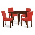 Dinette Set 5 Pc, Four Kitchen Chairs, Dining Table, Mahogany Finish Hardwood, Firebrick Red Color Pu Leather