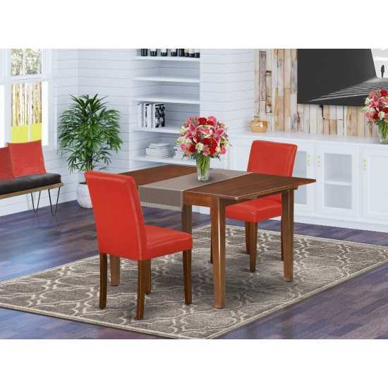 3Pc Rectangle 42/53.5" Dinette Table, 12 In Butterfly Leaf, Pair Of Parson Chair, Mahogany Leg, Pu Leather Color Firebrick Re