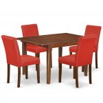 5Pc Rectangle 42/53.5" Dinette Table, 12 In Leaf, Four Parson Chair, Mahogany Leg, Pu Leather Color Firebrick Red