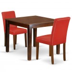 3Pc Square 36" Kitchen Table, Pair Of Parson Chair, Mahogany Leg, Pu Leather Color Firebrick Red