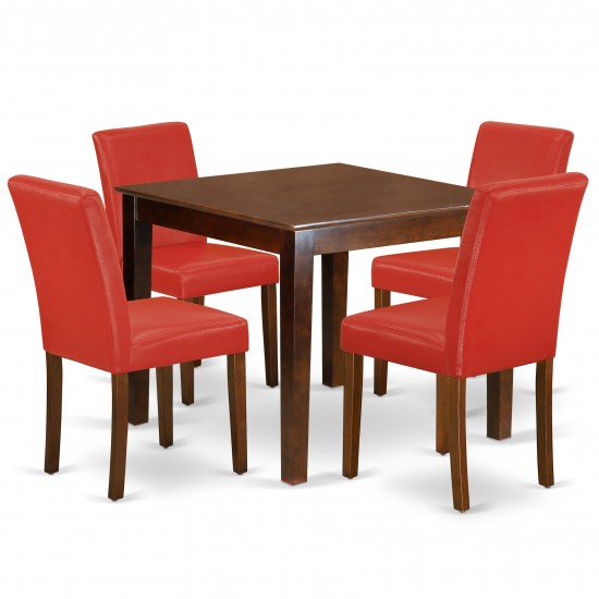 5Pc Square 36" Table, Four Parson Chair, Mahogany Leg, Pu Leather Color Firebrick Red