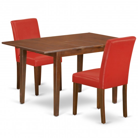 3Pc Rectangle 48/60" Kitchen Table, 12 In Leaf, Pair Of Parson Chair, Mahogany Leg, Pu Leather Color Firebrick Red