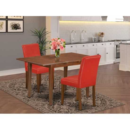 3Pc Rectangle 48/60" Kitchen Table, 12 In Leaf, Pair Of Parson Chair, Mahogany Leg, Pu Leather Color Firebrick Red