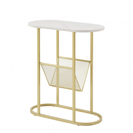 Margo 11" Oblong Side Table with Magazine Rack - Faux White Marble/Gold