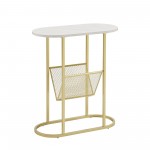 Margo 11" Oblong Side Table with Magazine Rack - Faux White Marble/Gold